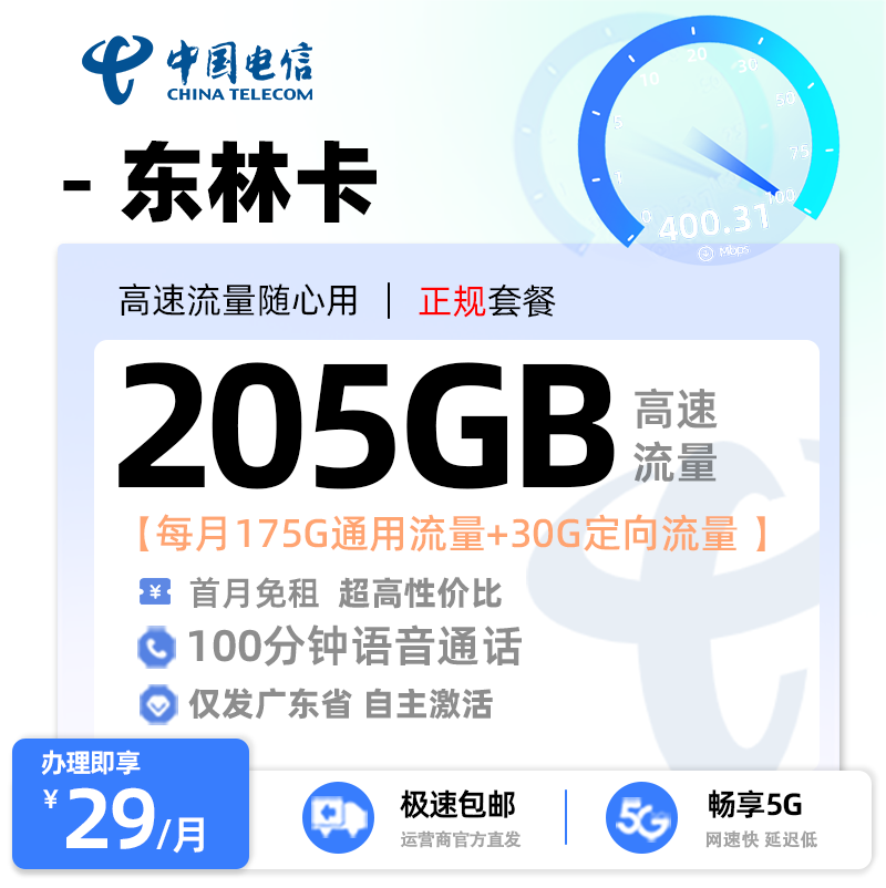 电信东林卡【广东专属】  29元/月享175G全国通用流量+30G定向流量+100分钟